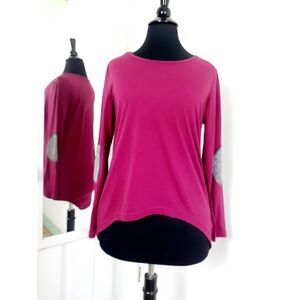 Silver Sequin Elbow Patch Fuchsia Hi-Low Hem Long Sleeve Top Size Medium